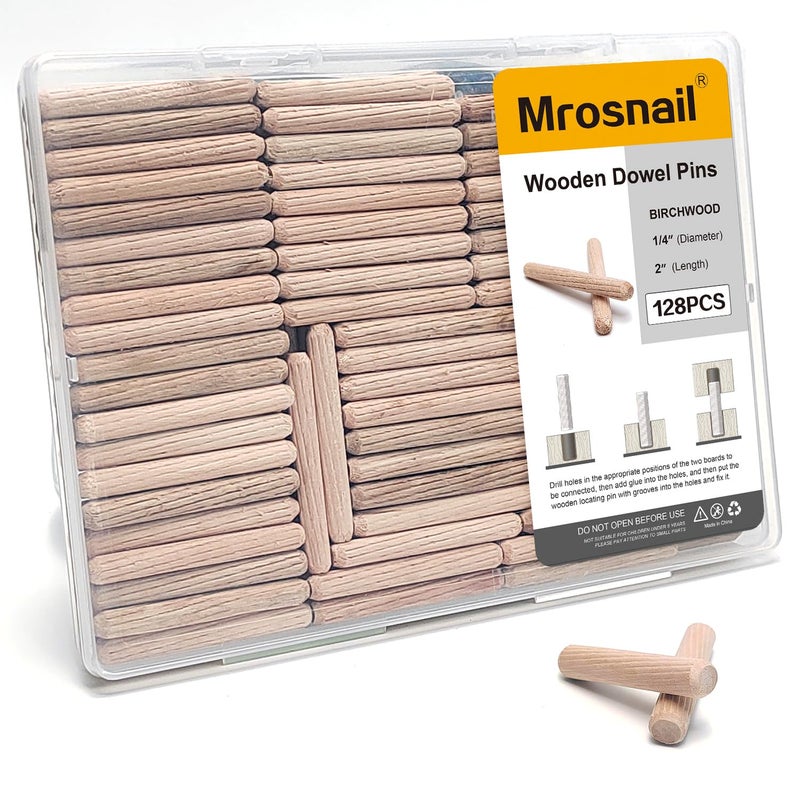 Mrosnail 128 Pcs Wooden Dowel Pins, 1/4 x 2 inch Fluted Wood Dowels Hardwood Pegs for Deep Furniture Joints, Wood Signs, Toy Building - Image 1